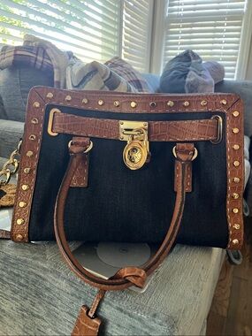 Michael Kors Black Denim Satchel with Brown Croc-Embossed Trim & Gold Hardware